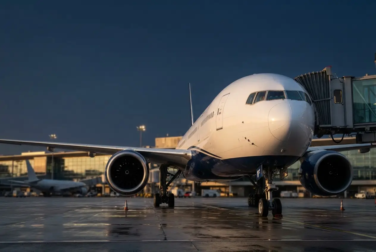 A commercial passenger jet parked at a terminal gate in early morning light